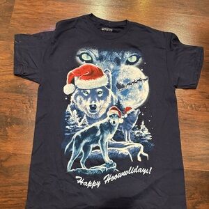 Festive Wolf Holiday T-Shirt - Navy Blue
